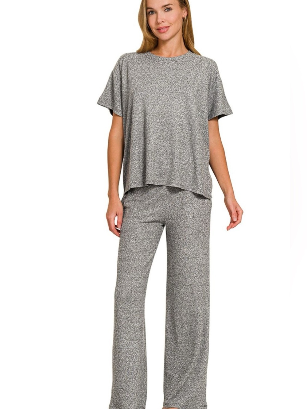 Zenana Soft Melange Short Sleeve Tee & Long Pants Set - Picture 2 of 4